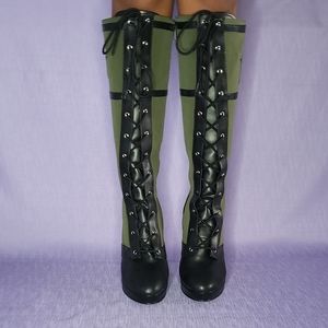 Size 11 PU and Canvas Army Green Knee High Boots